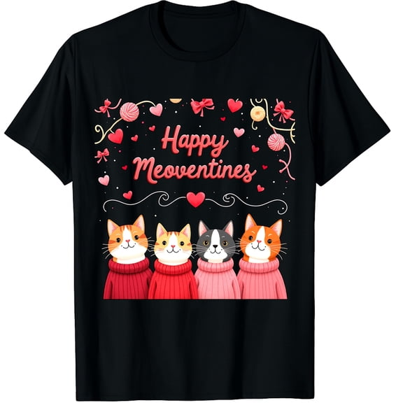 Happy Meowentines Cute Cat Valentine Love Crochet Yearn Graphic Crew Neck Short Sleeve T-Shirts (Men's, Women's)