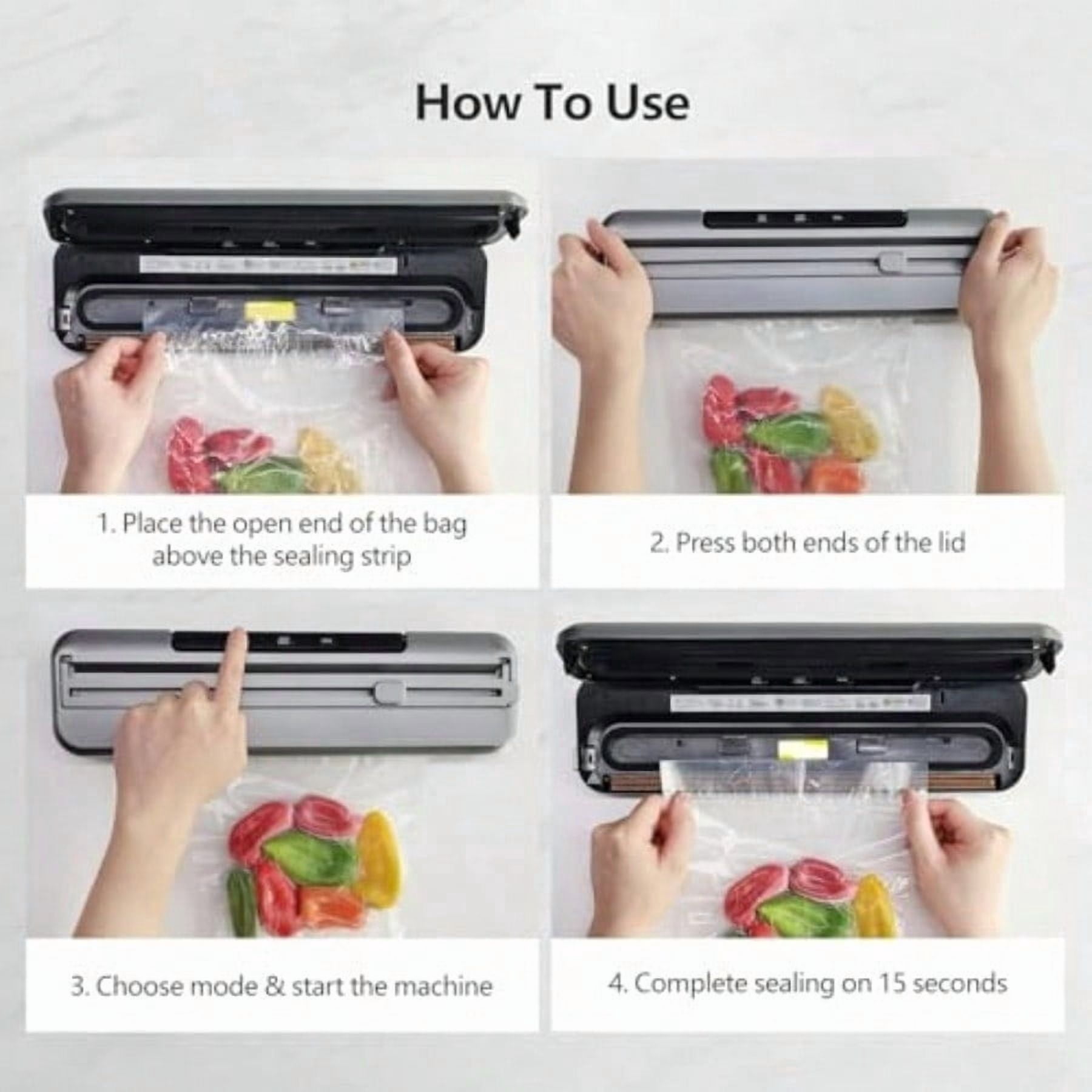Food Vacuum Sealer Machine 4-in-1 Automatic with Built-in Cutter and 30 Bags 8-15s Fast Airtight Sealing for Meat/Vegetables/Fruits/Snacks