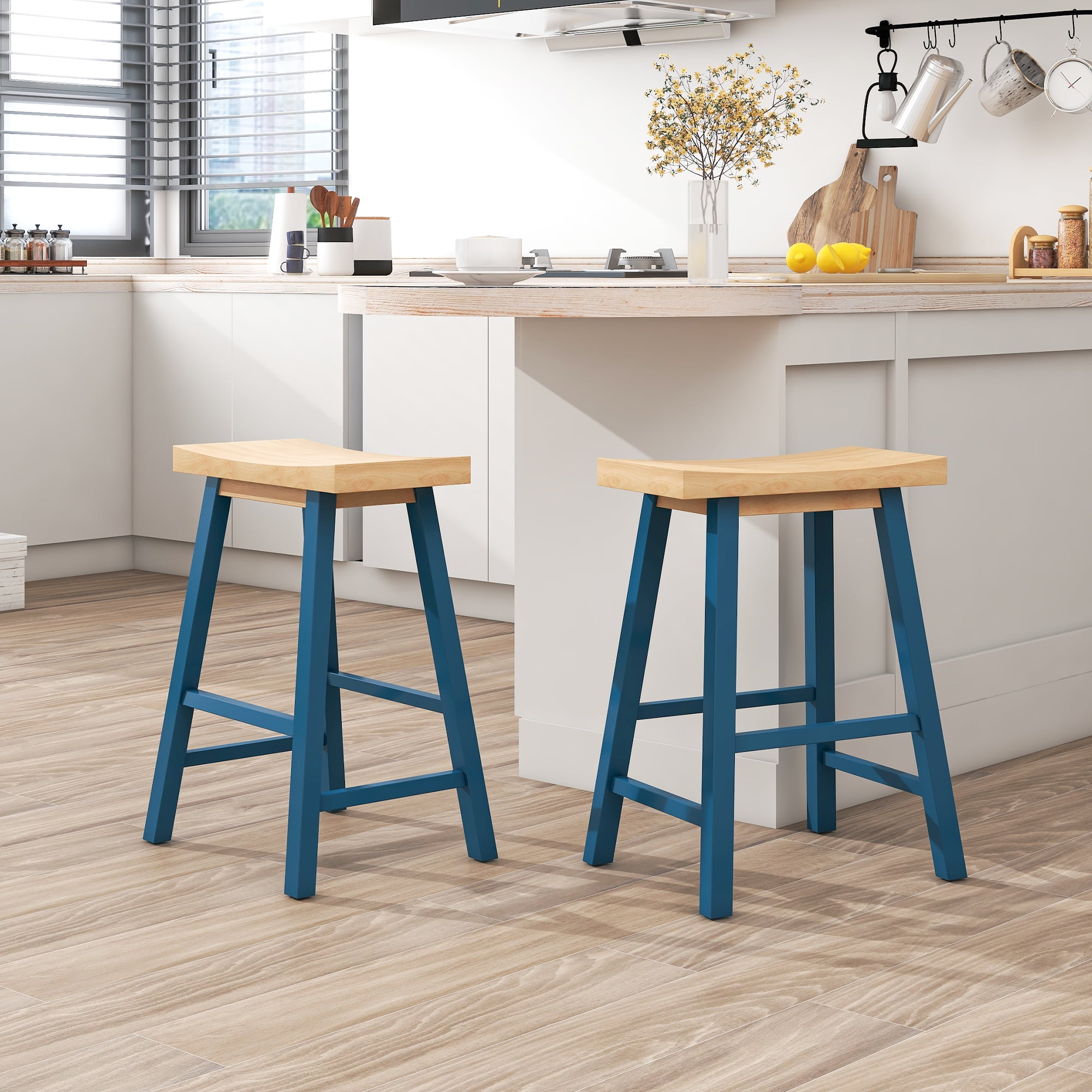 Yardi Yard Modern Wood Counter Height Bar Stools Set of 2, Kitchen Dining Accent Stool with Footrest, Light Walnut&Blue Yardi Yard Modern Wood Counter Height Bar Stools Set of 2, Kitchen Dining Accent Stool with Footrest, Light Walnut&Blue