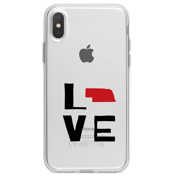 DistinctInk Clear Shockproof Hybrid Case for iPhone XS Max (6.5" Screen) - TPU Bumper Acrylic Back Tempered Glass Screen Protector - Nebraska - Love Black & Red