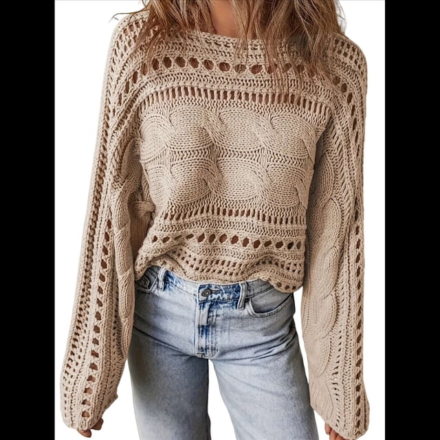 Suéteres de Otoño con Cuello Redondo de Crochet Calado, Bonitos Suéteres de Invierno para Mujer, Tendencia 2025 Albaricoque L