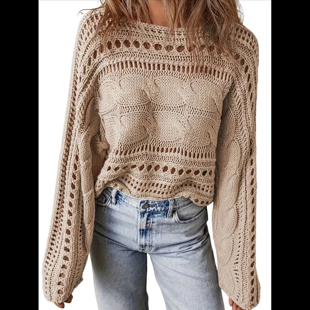 Suéteres de Otoño con Cuello Redondo de Crochet Calado, Bonitos Suéteres de Invierno para Mujer, Tendencia 2025 Albaricoque XL