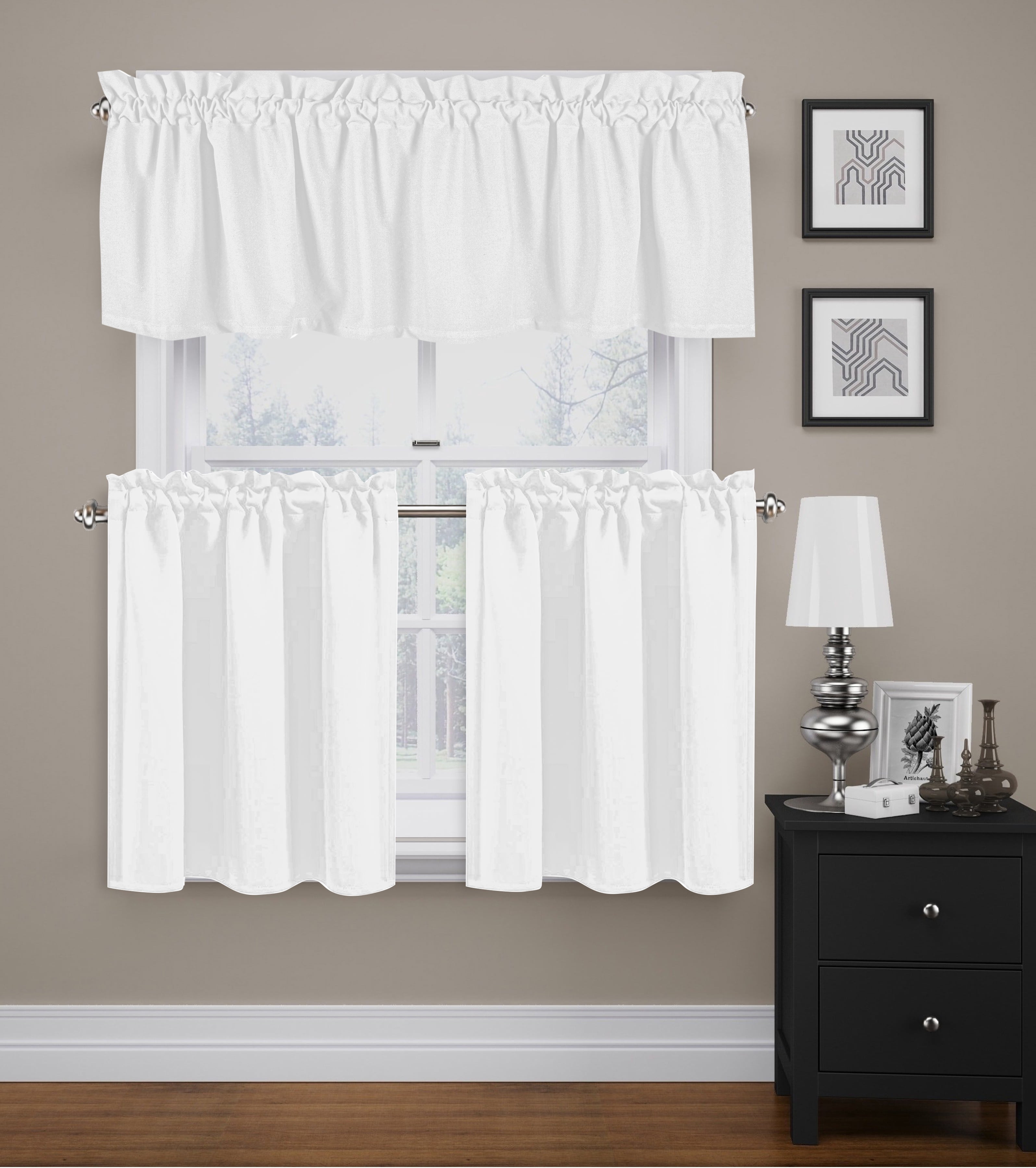 Native Fab 100% Cotton Kitchen Window Curtain Tiers Valance Set - Rod Pocket Style 3 Piece - White