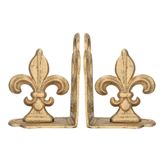 Woven Paths Fleur de Lis Shaped Iron Bookends, 7", Antique Gold
