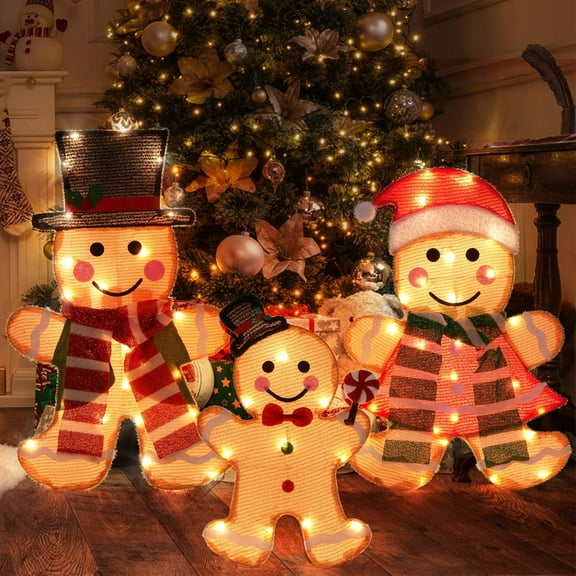 Light Up Gingerbread Man Family Outdoor Christmas Decorations, Lighted Indoor Christmas Decor Gingerbread Man, Christmas Decorations for Home Yard Garden Holiday Party