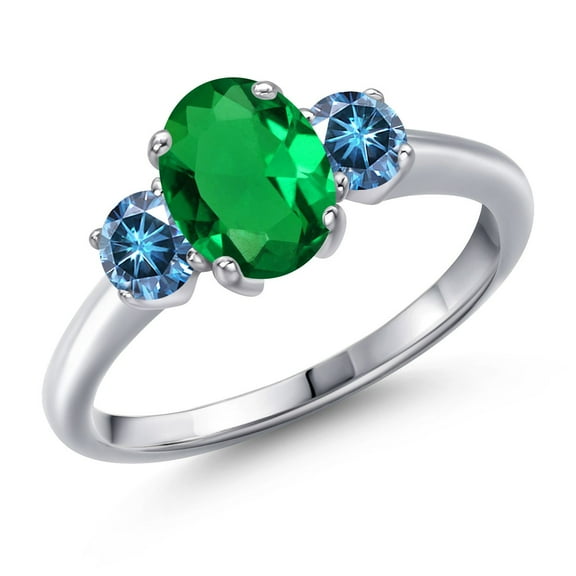 Gem Stone King 925 Sterling Silver Ring Oval Green Nano Emerald and Vivid Persian Blue Moissanite (1.21 Cttw, Size 5)