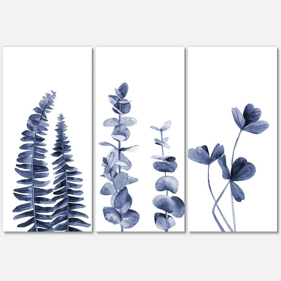 Designart ' Navy Blue Eucalyptus On White I ' Traditional Canvas Wall Art Print