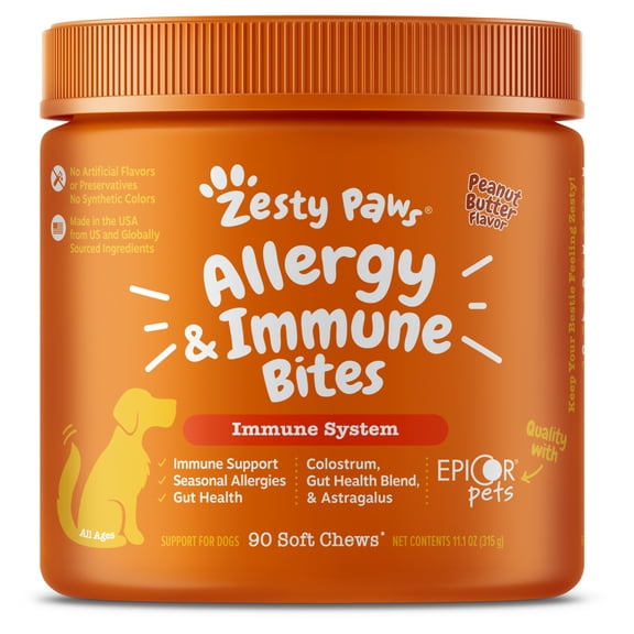 Zesty Paws Allergy & Immune Bites, Peanut Butter Flavor Dog Supplement, 90 Count