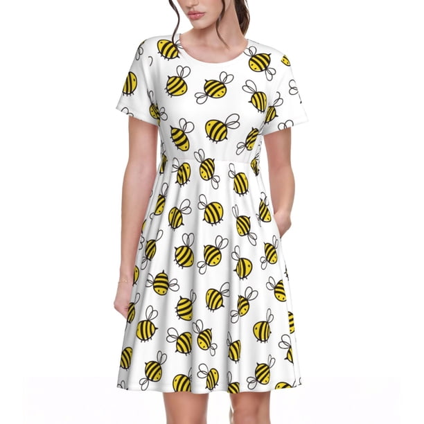 Easygdp Cute Little Bee para Vestido Transpirable de Mujer, Vestido Suelto de Manga Corta con Pliegues y Bolsillos para el Verano