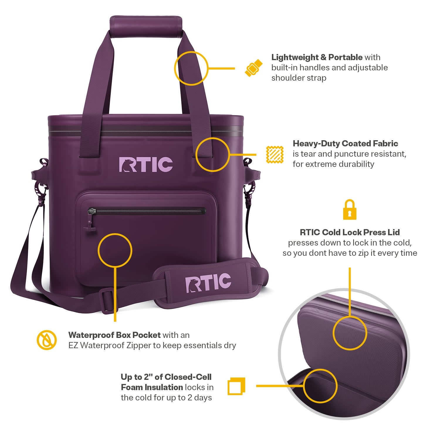 RTIC 30-Can, 20 Qt, Ultra-Tough Soft Cooler Pro, Leakproof, Waterproof, Plum