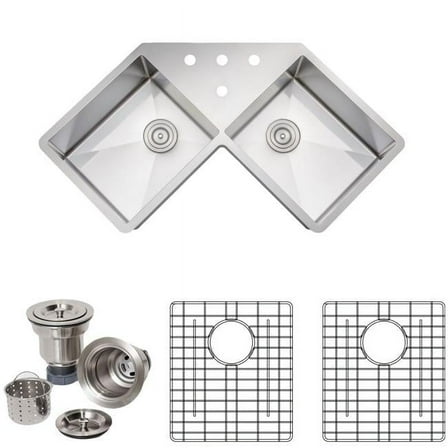 46 in. Handcrafted 16 Gauge Undermount Butterfly Equal Double Bowl Stainless Steel Corner Kitchen Sink with Grid Racks & Basket Strainers