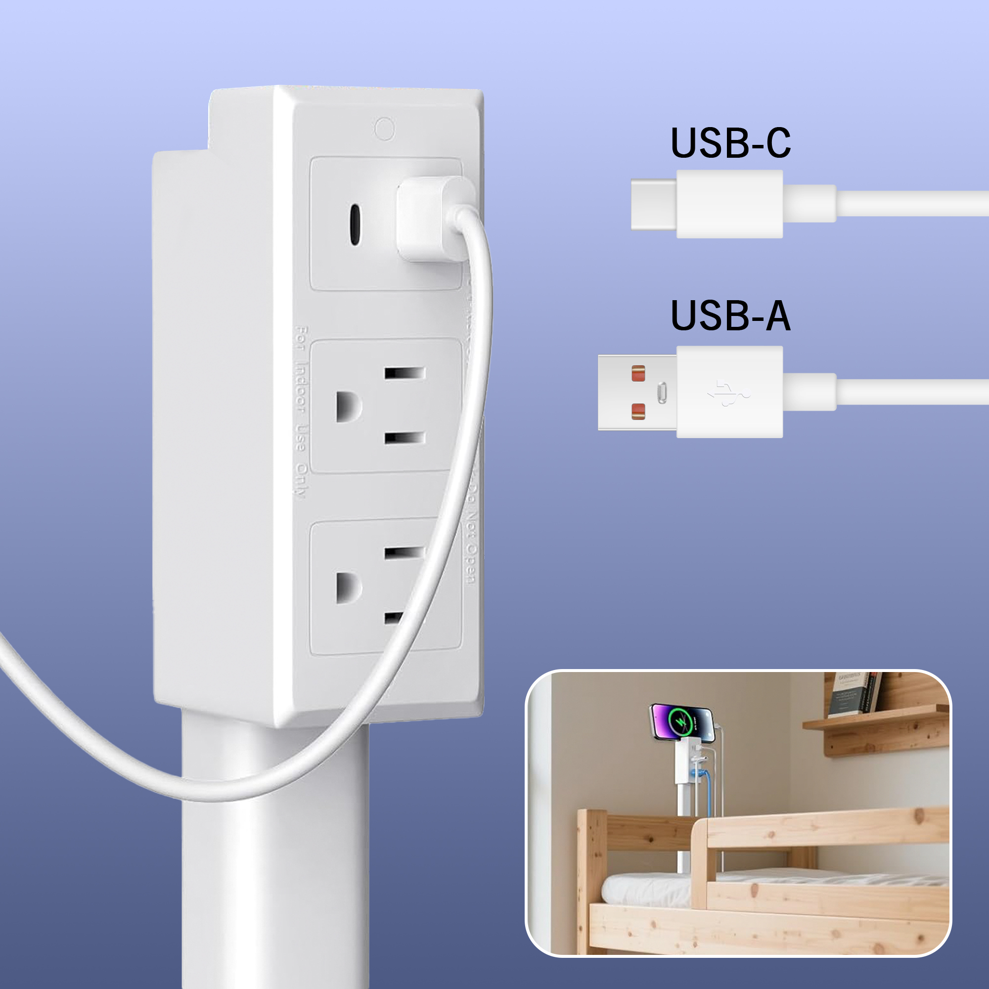 Extended and Rotating Outlet Features USB-A, USB-C, and 2 Ac Outlets, Extendable Wall Outlet Extends 22-34, 180° Swivel, Rotating Outlet for Behind Couches