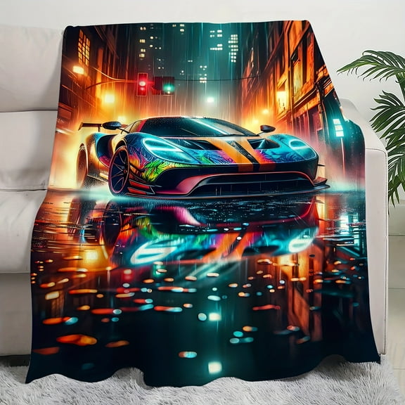 1pc 3D Racing Car Print Flannel Blanket, Soft Fleece Throw Blanket, Contemporary Style, Ideal Gift For Motorsport Fans, Home Decor Couch Cover