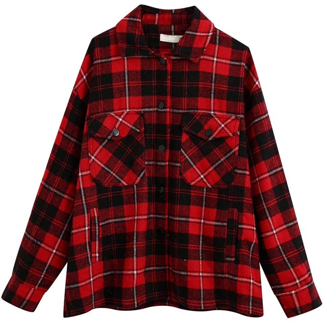 Chaqueta de manga corta para mujer, estilo vintage, con botones, mezcla de lana, a cuadros, para camisa Negro/Rojo XS Negro/Rojo XS Xishao ropa
