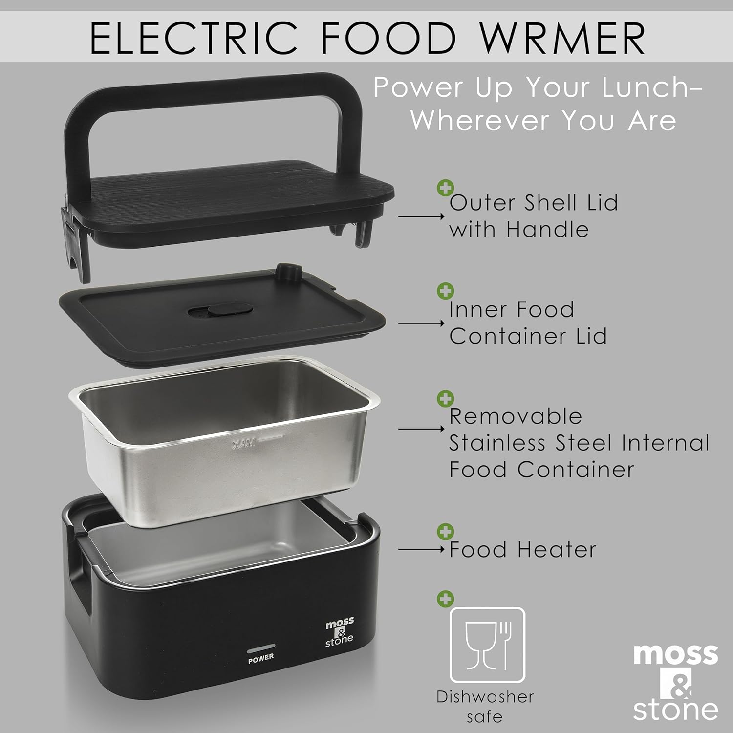 Moss & Stone Black Electric Lunch Box Food Heater for Adults, 80W Portable Warmer for Work with 0.9L 304 Stainless Steel Container, 120V Green Heated Lunch Box Suitable for Dorms/Work/Gift