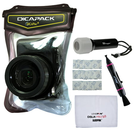 DiCAPac WP-570 Waterproof Case for Large Point + Shoot Cameras with LED Light Torch + Gel Packets + Lens Pen +