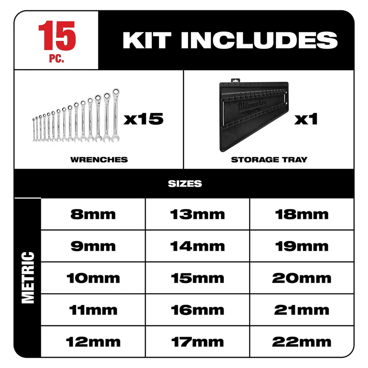 Milwaukee 48-22-9516 Ratcheting Combination Metric Wrench Set 15-Piece