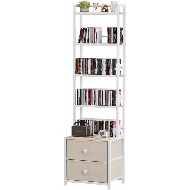 CD Storage Rack with Drawer DVD Organizer Shelf w/Adjustable Book Stoppers Media Storage Rack for CD/DVD Books Games Ideal for Living Room Home Office