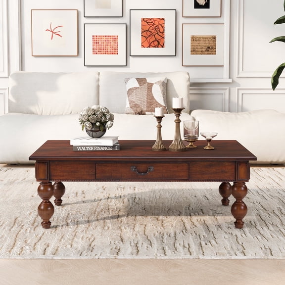 FFZ Rectangular Wooden Vintage Cocktail Coffee Table with Storage Drawer Solid Wood Legs, Walnut