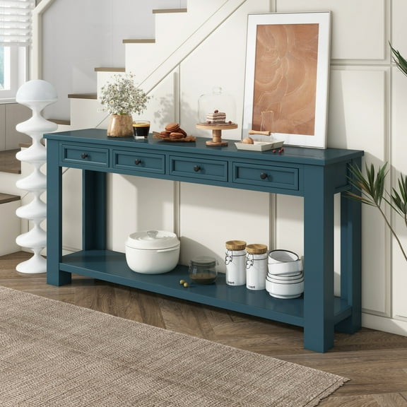 Console Table With 4 Drawers Open Shelves Solid Wood Frame And Legs Entertainment Center Console Table For Hallway 63x14x30in