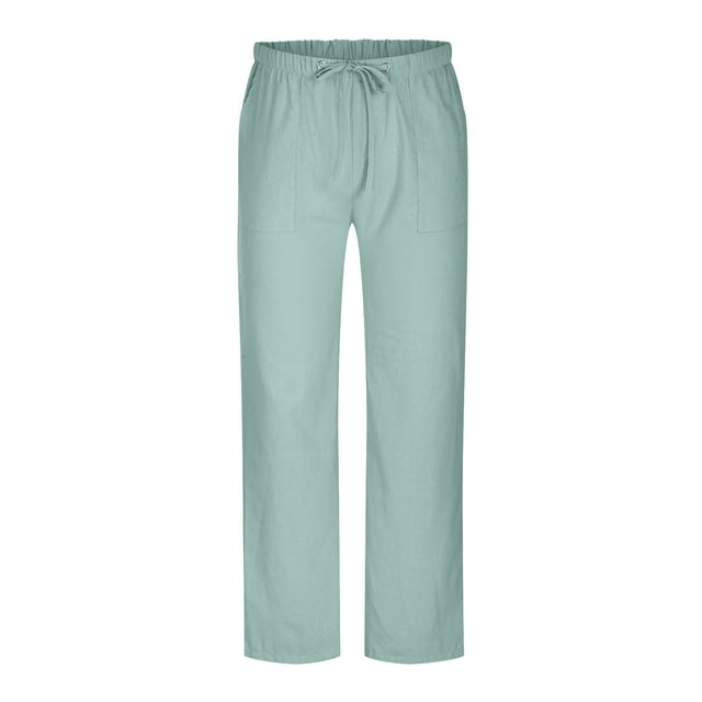 Besolor Cotton Linen Pants for Men Elastic Waist Drawstring Straight Leg Pants Casual Plus Size Lounge Trouser with Pockets