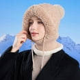 thumbnail image 5 of Women’s Knitted Beanie Hat with Face Cover - 3 in 1 Winter Balaclava with Mask Scarf Ear Muffs Pompom Fleece Lined Snow Caps Winter Gifts for Women Khaki, 5 of 6