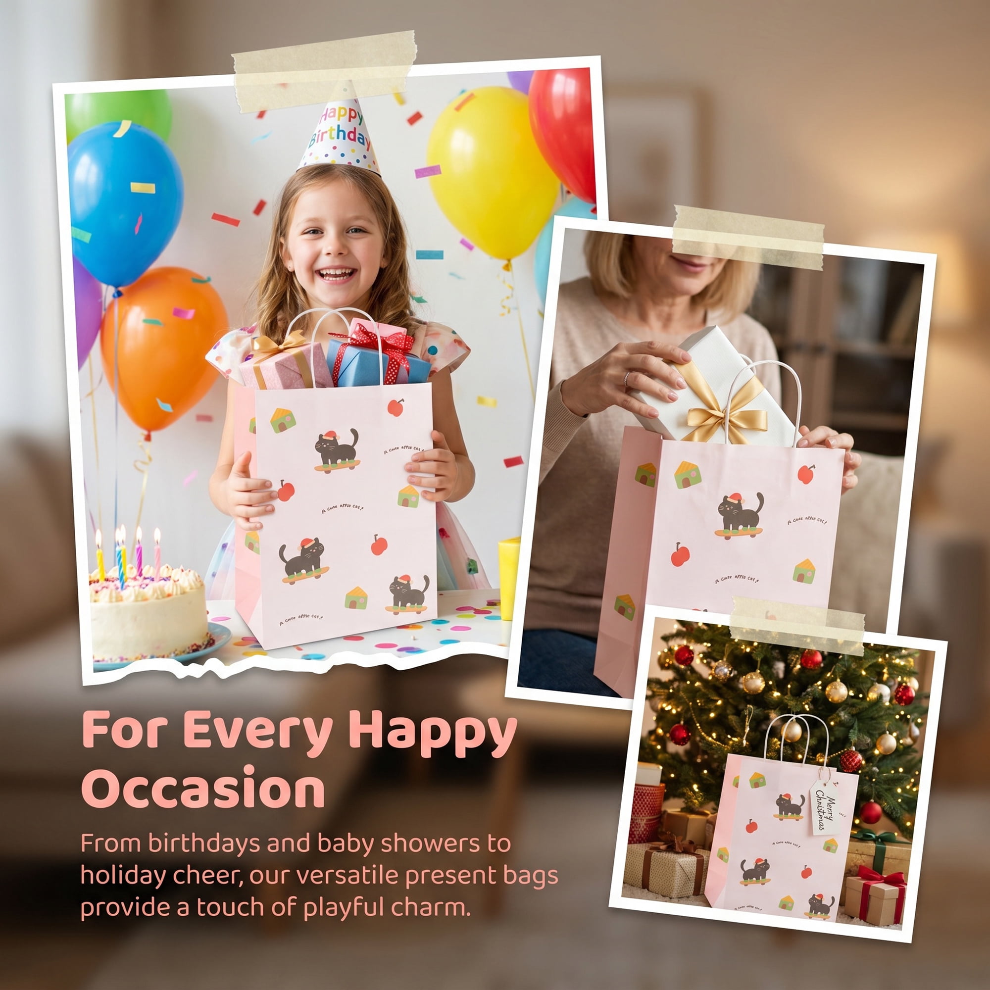 Unique Bargains Cute Playful Cartoon Gift Bags with Handles White 8.3" x 4.3" x 10.6"