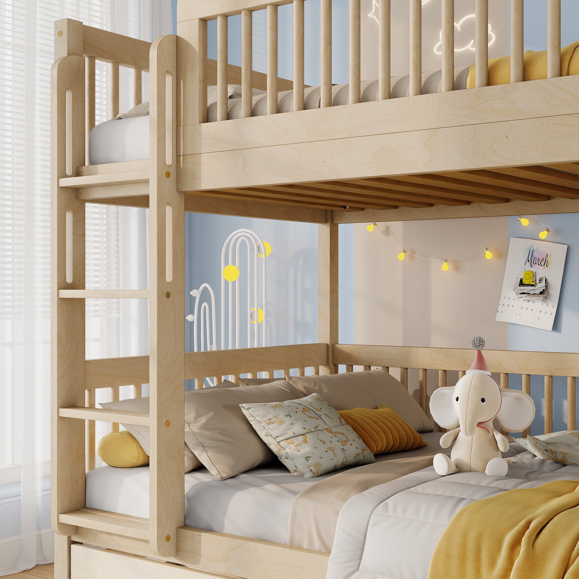 HOQBN Twin Over Twin Pine Wood Bunk Bed with 2 Drawers, Convertible into 2 Twin Beds, Twin Over Twin Bunk Bed Frame with Ladder and Safety Guardrails,Natural