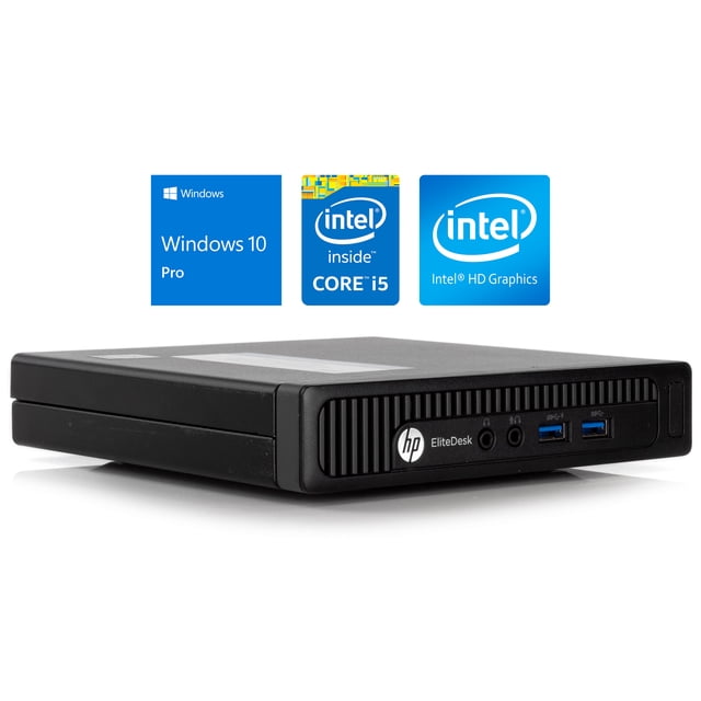 Refurbished HP EliteDesk 800 G1 Mini Desktop PC with Intel Quad-Core i5-4590T processor up to 3.0GHz, 8GB DDR3 RAM, and 1TB SSD. Compact black design with front USB 3.0 ports, headphone jacks, and integrated wireless antenna. Features DisplayPort, VGA, LAN, Wi-Fi, Bluetooth 4.0, and Windows 10 Pro. Suitable for business or home use.