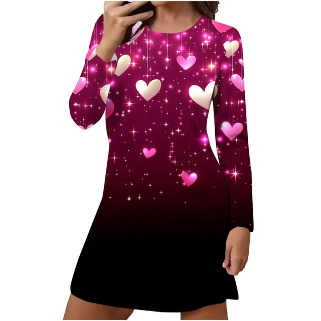 fheaev Chemises de Nuit pour Femmes Grande Taille Imprimé Saint-Valentin Coupe Ample Pyjama Confortable Manches Longues Col Rond Chemise de Nuit Courte