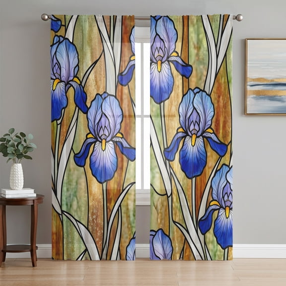 Iris Flowers Sheer Curtains for Living Room Bedroom, Lead Lines Floral Abstract Botanical Light Filtering Sheer Curtain Rod Pocket Voile Window Treaments Drapes, 52 x 72 Inches