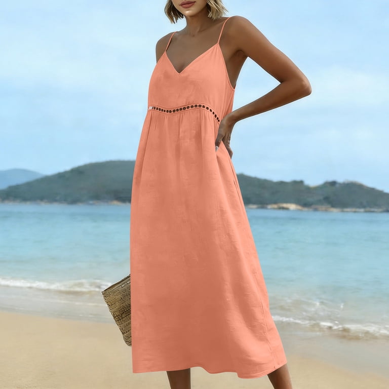 orange flowy dresses MOJOGO for Women V Neck Lace Trim Linen Maxi Dress Hollow Out A Line Boho Beach Vacation Sundress 3XL Ball-Gown