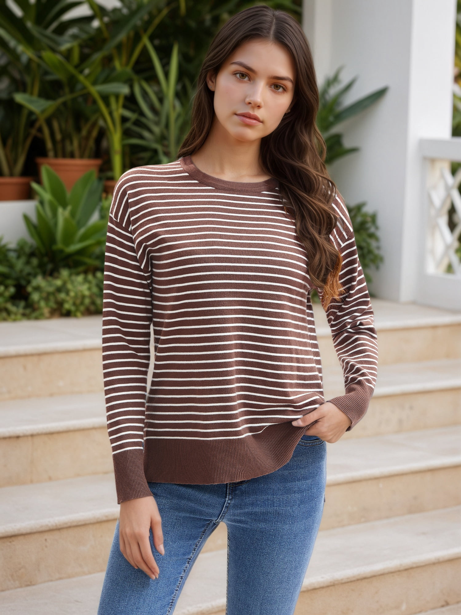 DARING DIVA Women's Striped Side Slits Long Sleeve Pullover Knit Tops L Brown-white