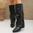 thumbnail image 2 of Shadoumai Women's Slouchy Knee High Boots Pointed Toe Leather Motorcycle Boots Vintage Low Heel Retro Foldover Fall Pull On Stacked Heeled Goth Winter Boots, 2 of 10