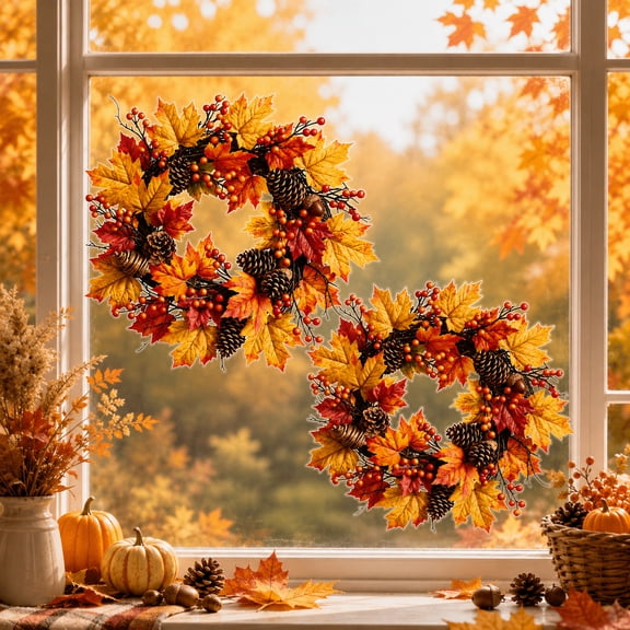 Maple Leaf Wreath Window Clings Thanksgiving Decoration,15.75in Fall Autumn Sticker for DIY Crafts, Double-Sided Printed PVC Decal Waterproof for Thanksgiving Fall Autumn Party Decor