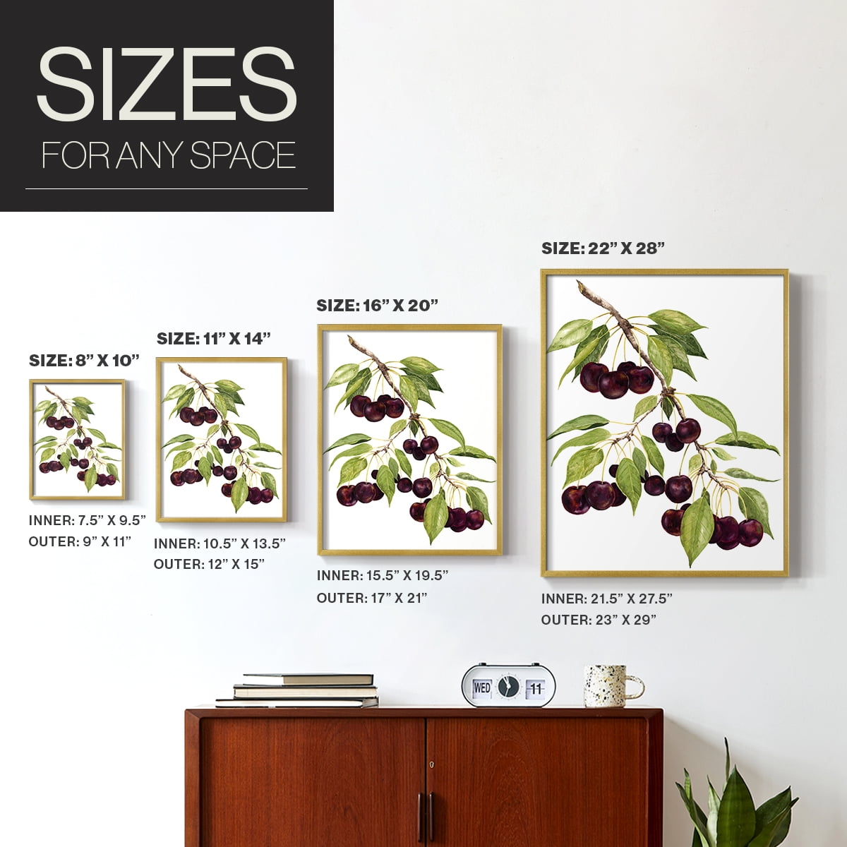 Watercolor Cherries Framed Print in Gold Solid Wood 8 x 10 Framed Print
