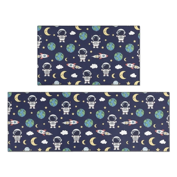 Astronaut and Moon Blue Pattern Anti Fatigue Kitchen Rugs Set Of 2, Non Slip Washable Decorative Floor Mats for Kitchen Sink Laundry, 17"x30" and 17"x47"
