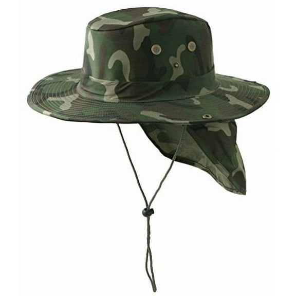 SAFARI Boonie Green Woodland Camouflage Neck Flap Chin Strap Fishing Bucket Hat Outdoors (Green Camouflage, Medium)