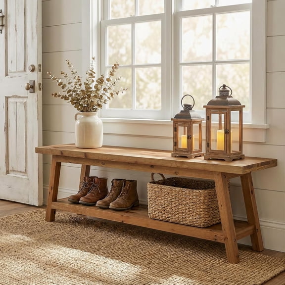 TRIBEWOOD 63" Solid Wood Shoe Bench With 2-Tier Storage