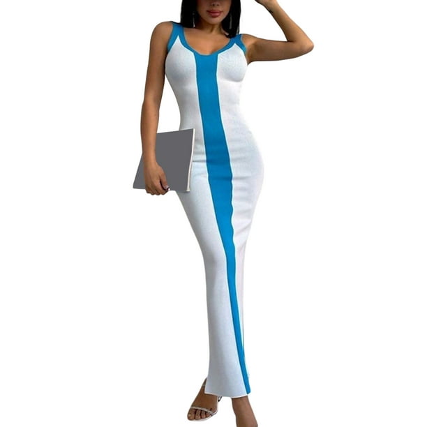 VISgogo Vestido largo ajustado de punto para mujer, sin mangas, cuello en V, contraste de color, vestido midi dividido VISgogo moda