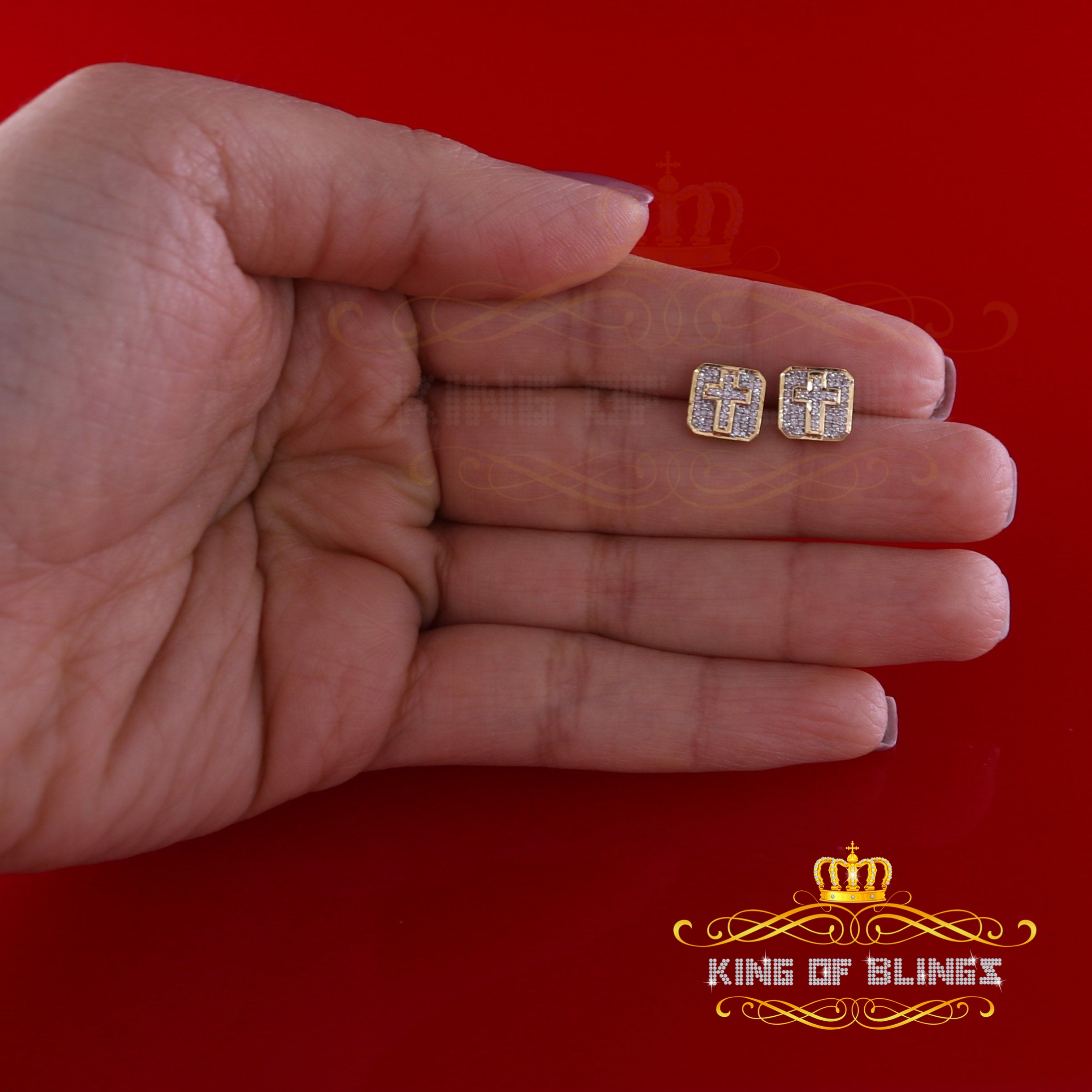 King of Bling's 10K Real Yellow Gold Real Diamond 0.25CT Men's/Women's Square Stud Micro Earring