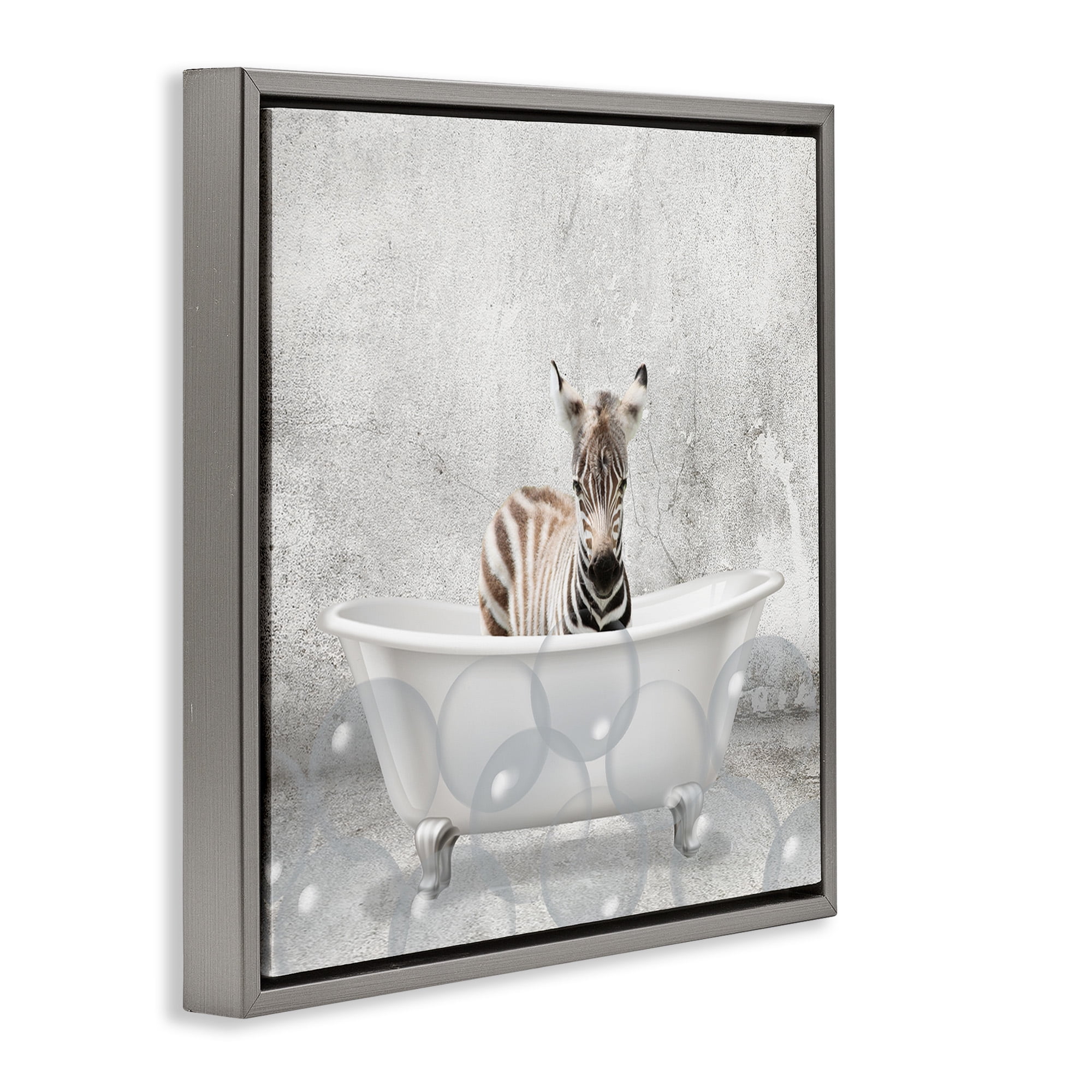 Stupell Industries Baby Zebra Bath Time Animals & Insects Painting Gray Floater Framed Canvas Art Print Wall Art, 18 x 18