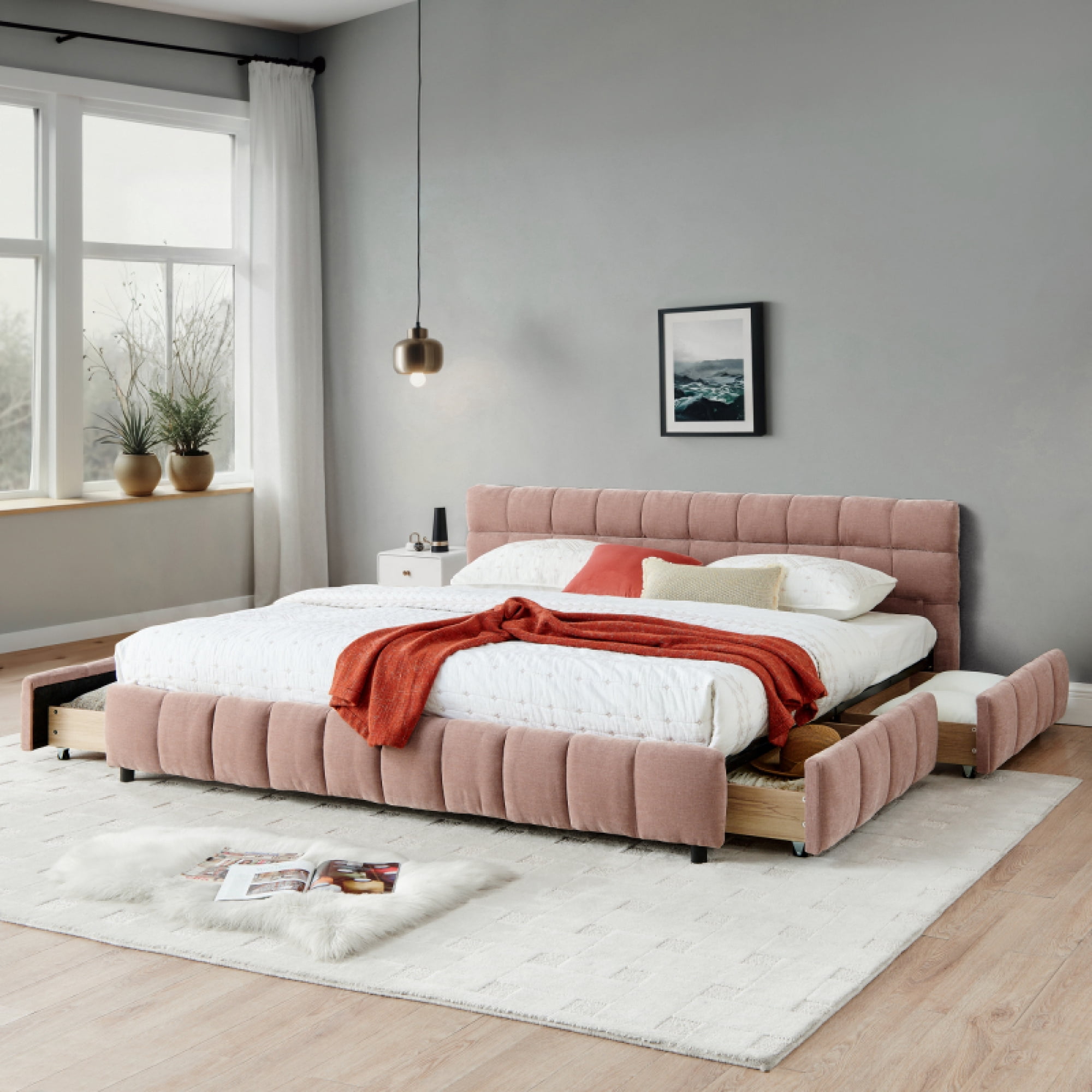 California King size Upholstered Bed ,comfortable upholstered bed frame, Chenille fabric, with headboard and solid bed frame. With drawer for storage.-Pink (90.5''*80.5''*31'')