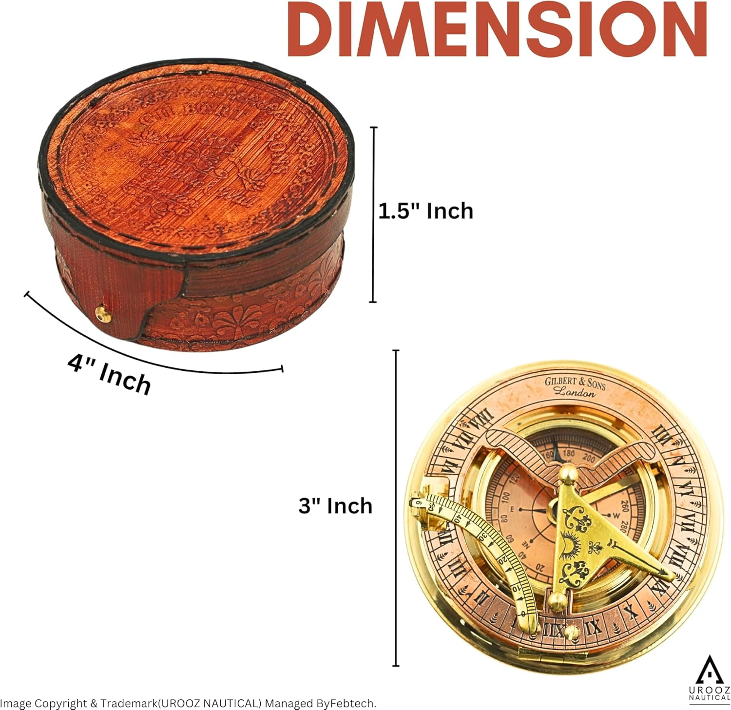 Sailor Brass Sundial Compass with Leather Case | Pocket Compass Gift Compass Rustic Vintage Home Decor Gifts | Present for Baptism, Communion, Graduation, Christian, Christmas- Mother