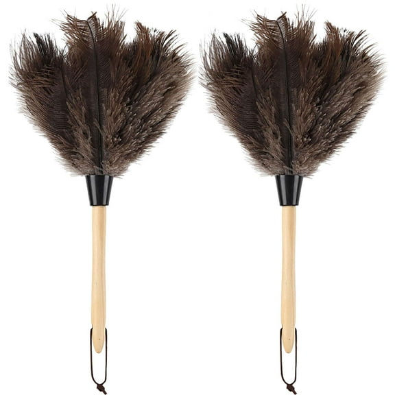 Deago 2 Pack 16" Ostrich Feather Duster Fluffy Natural with Wooden Handle and Eco-Friendly Reusable Handheld Feather Duster for Cleaning Supplies, Home, Car, Office (Brown)