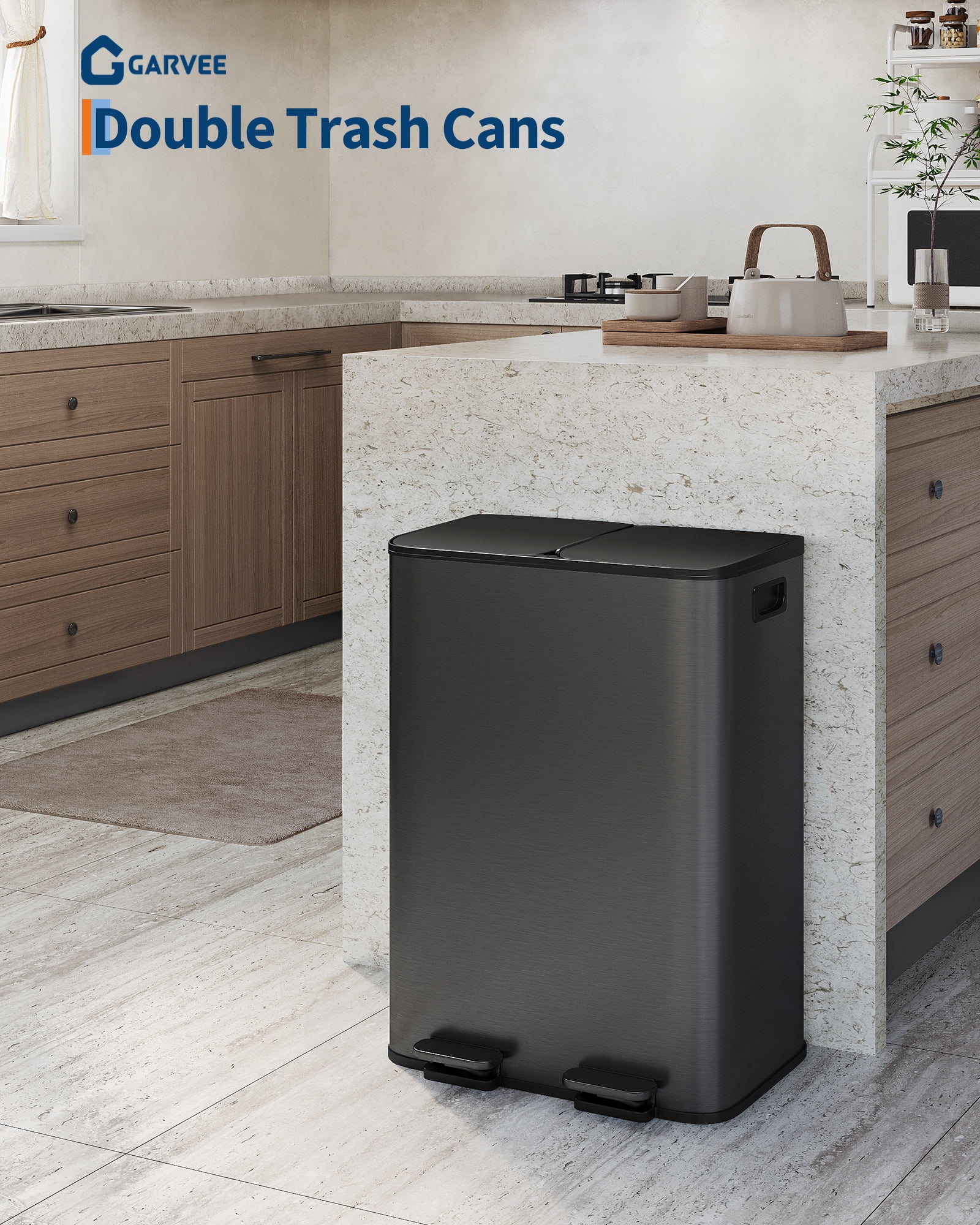 2 x 8 gal Stainless Steel Dual Trash Can, Step-on Kitchen Metal Garbage Cans, Double Compartment Garbage and Recycling Bin Combo with Metal Lid, PP Inner