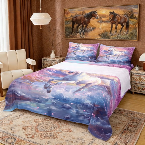 Erosebridal Chic Horse Full Size Sheets for Girls, Pink Cherry Blossoms Bed Sheets, 4pcs (1 Flat Sheet, 1 Fitted Sheet and 2 Pillowcases)