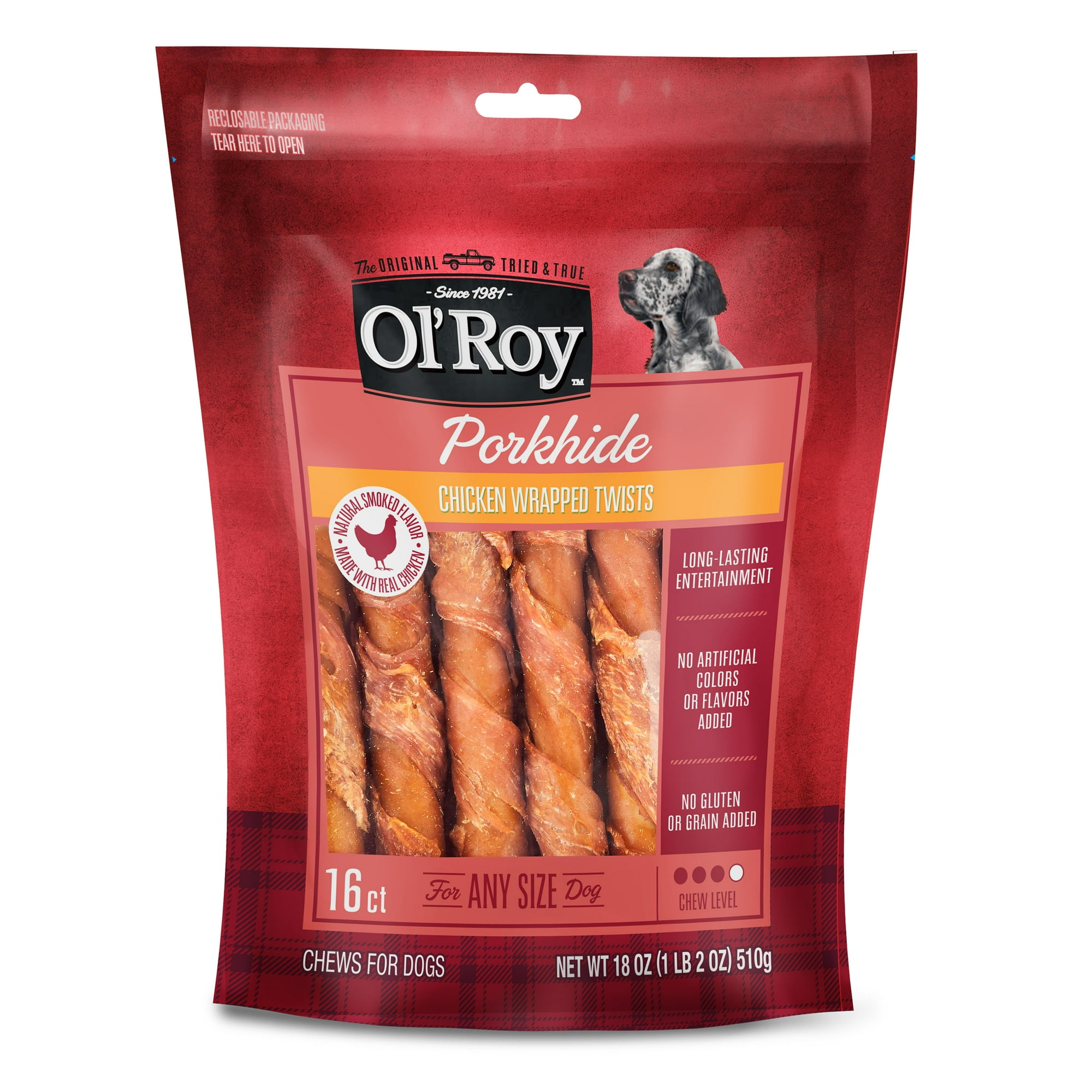 Ol' Roy Wrapped Pork hide Twists with Chicken Dog Treats, 18 oz, 16 Count