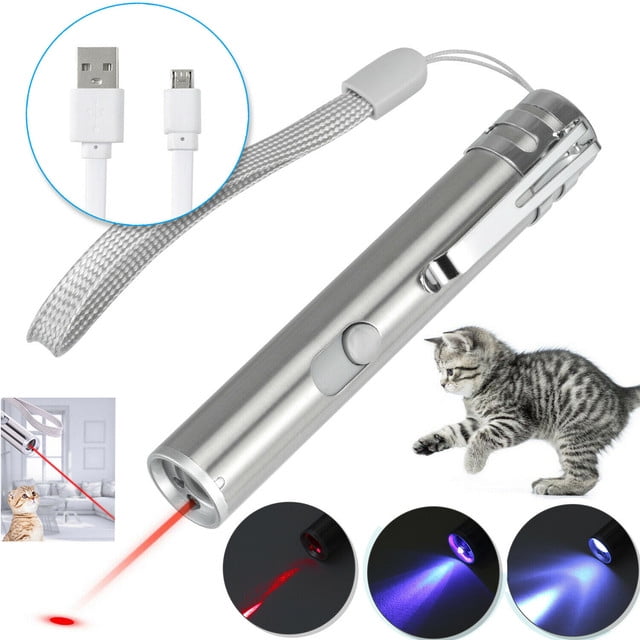 USB RECHARGEABLE LASER POINTER PEN ~ 3 in 1 Cat Pet Toy Red UV Flashlight 
