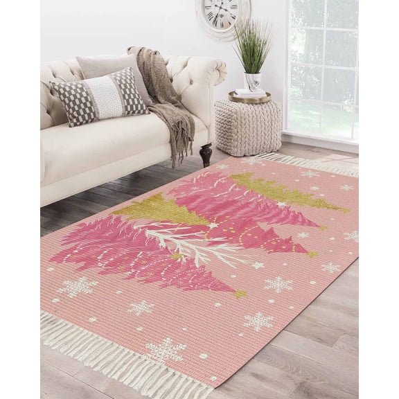 Pink Christmas Tree Area Rug 3x5 Living Rug with Tassel Woven Cotton Entryway Rugs Washable Bedroom Rugs Aesthetic Nursery Carpet Pink Golden Xmas Tree Snowflake Winter Floor Mat for Laundry Room